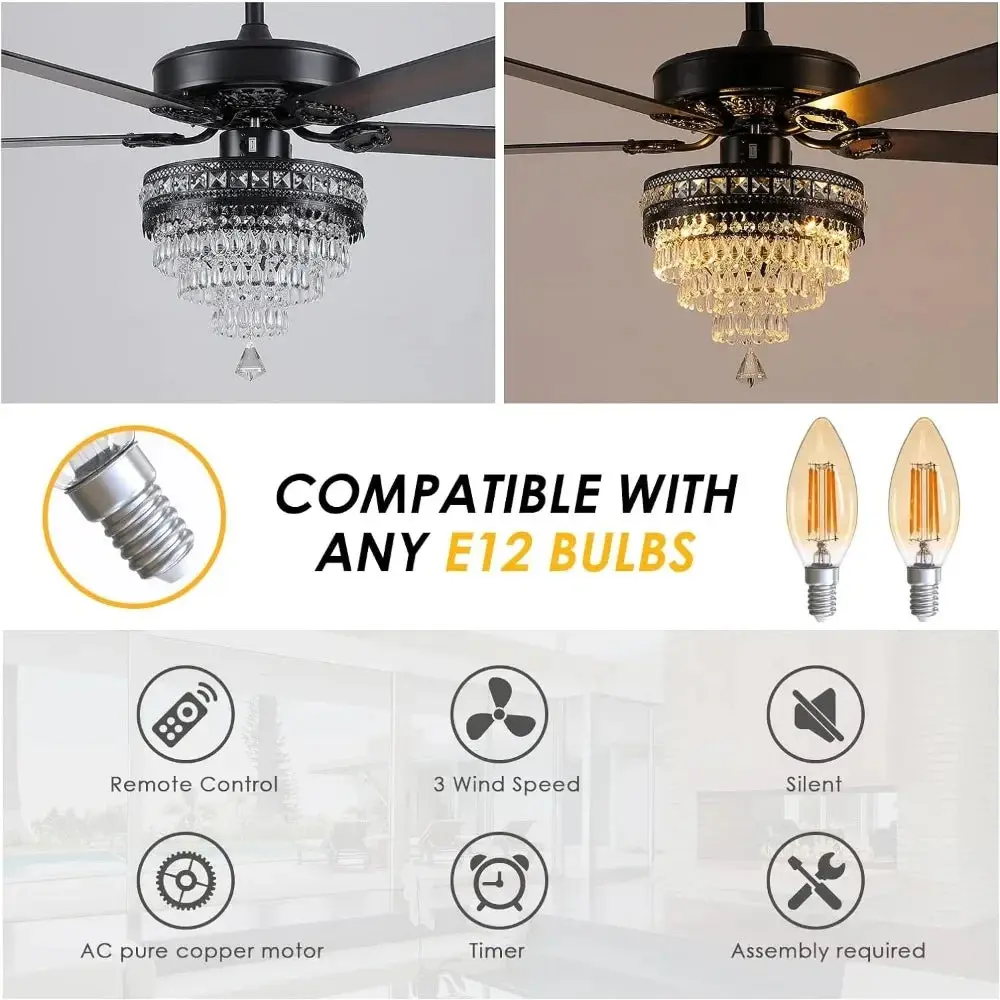 5-Blade Remote Control Crystal Ceiling Fan with Lights - Image 3