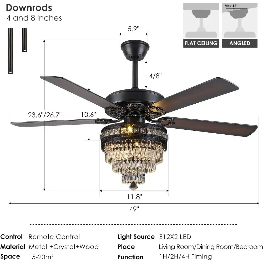 5-Blade Remote Control Crystal Ceiling Fan with Lights - Image 5