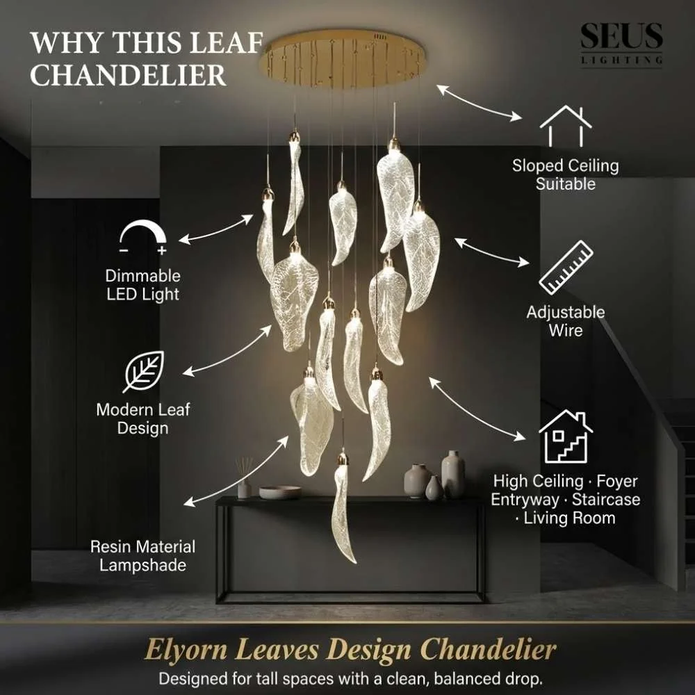 Elyorn Leaves Design High Ceiling Foyer Chandelier - Image 4