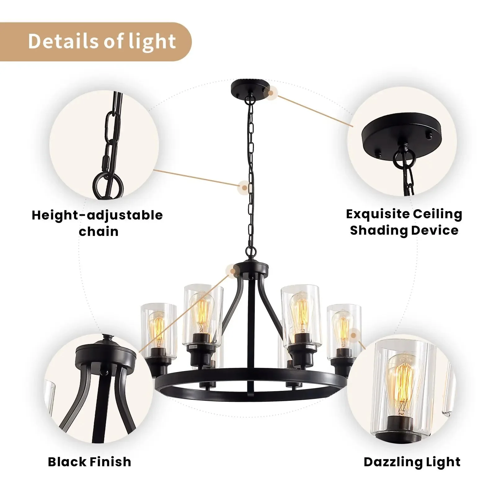 Jeshi 6-Lights Black Iron Wagon Wheel Chandelier - Image 6