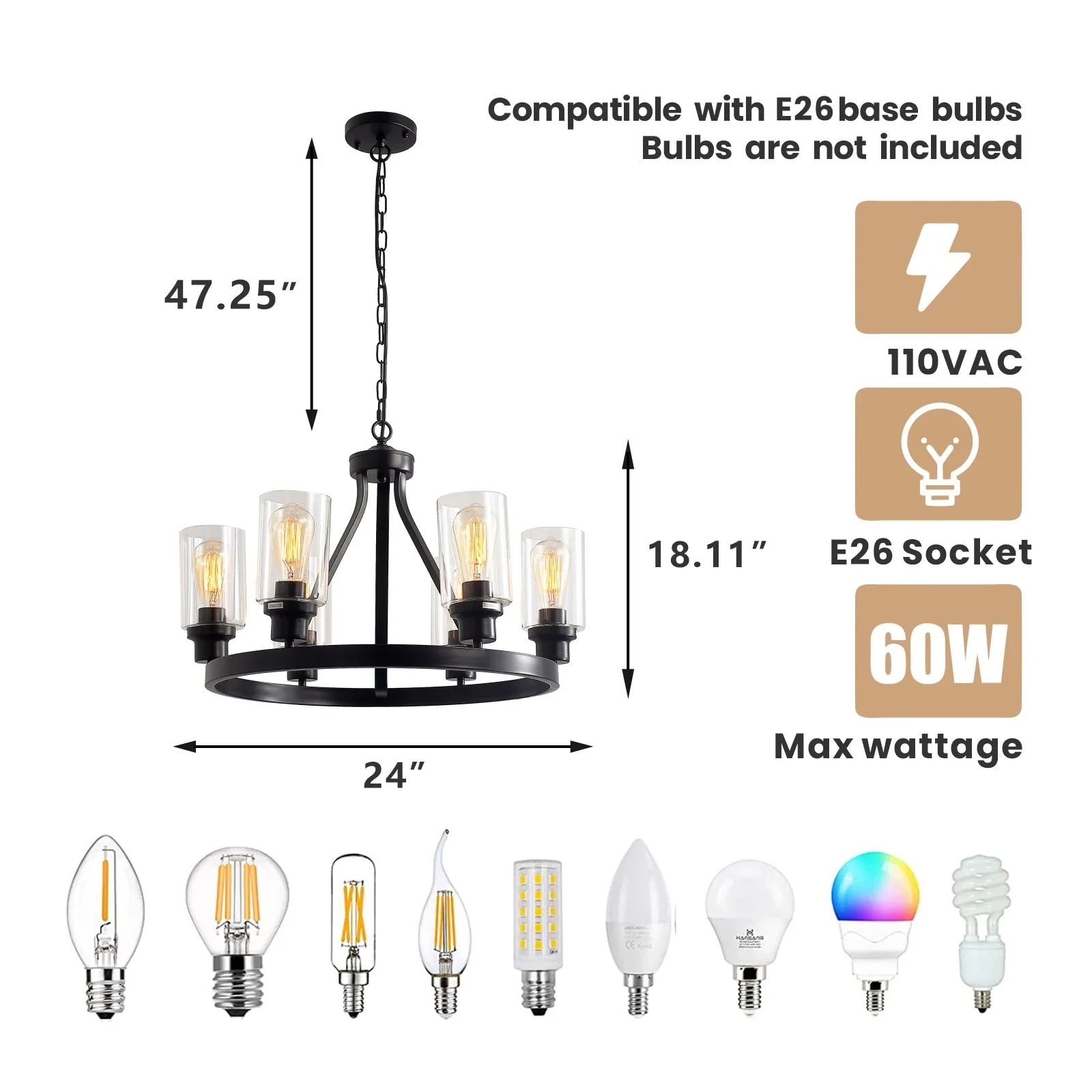 Jeshi 6-Lights Black Iron Wagon Wheel Chandelier - Image 7