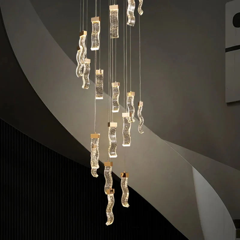Modern Gold Long Crystal Hanging Light Fixture for Staircase - Image 2
