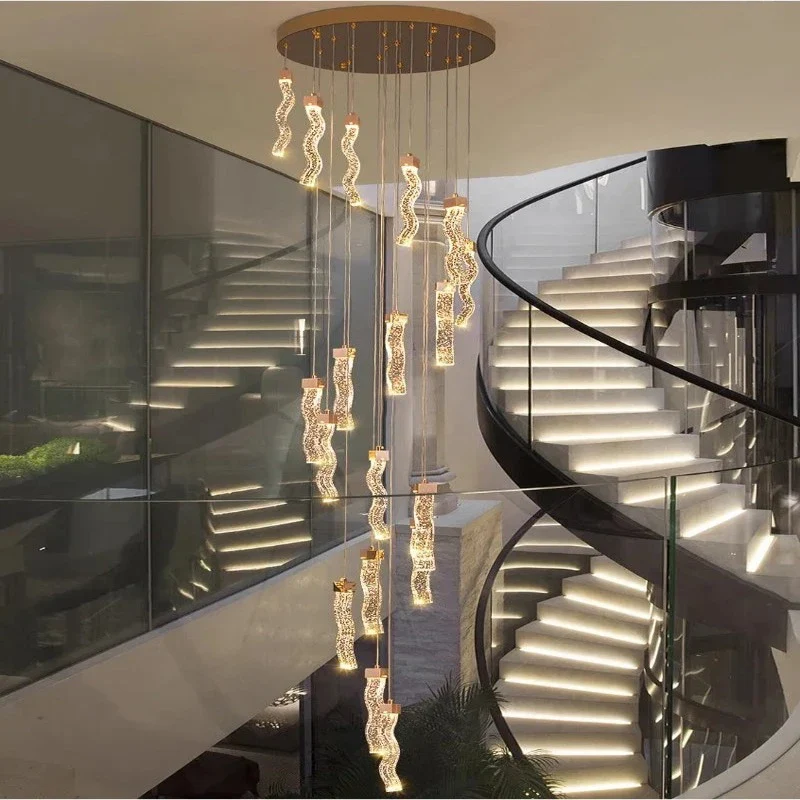 Modern Gold Long Crystal Hanging Light Fixture for Staircase - Image 3