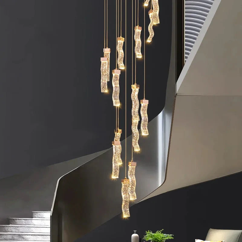 Modern Gold Long Crystal Hanging Light Fixture for Staircase - Image 4