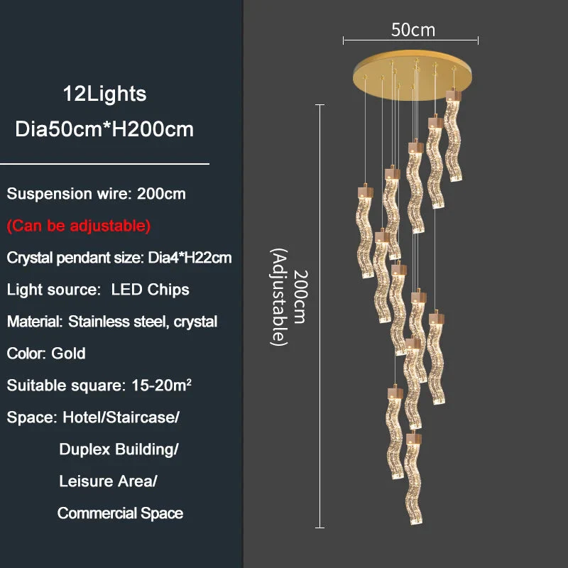 Modern Gold Long Crystal Hanging Light Fixture for Staircase - Image 6