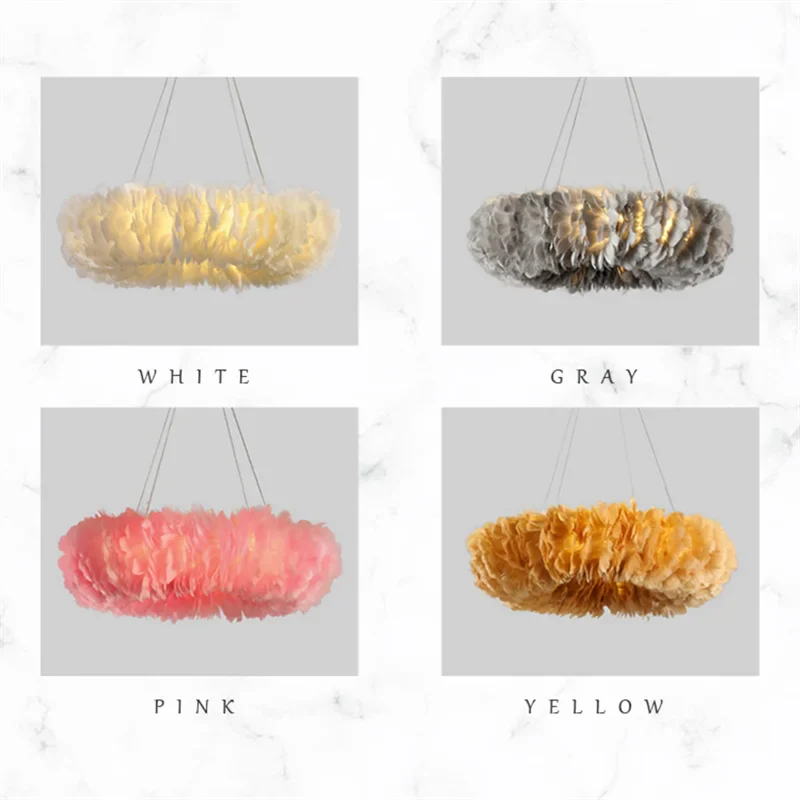 Round Feather Chandelier - White & Pink & Gray & Yellow - Image 7