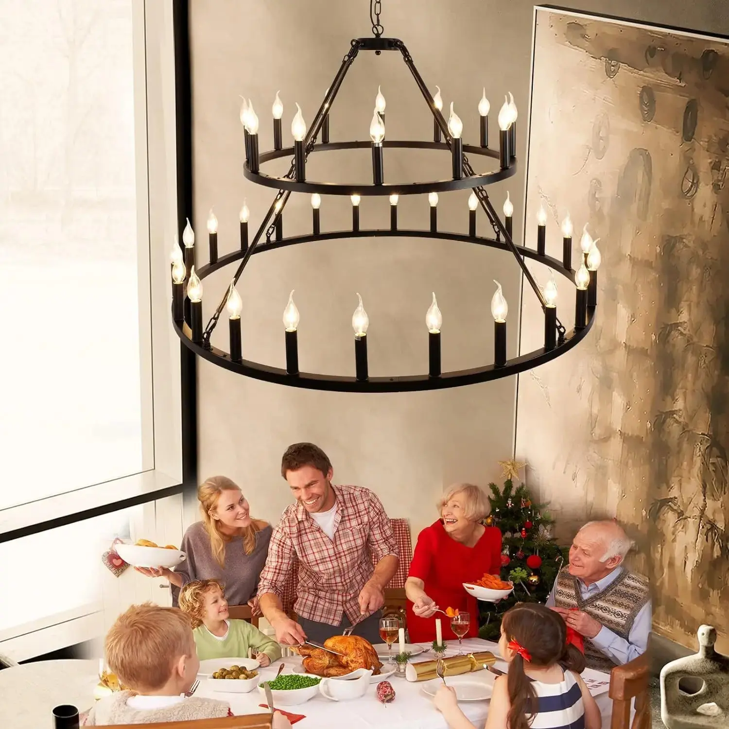 Rustic 48-inch 2 Tier Wagon Wheel Chandelier - Image 3