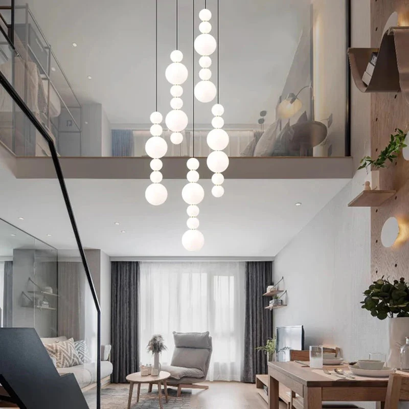 White Multi Globe Pendant Light for Staircase & High Ceiling - Image 4